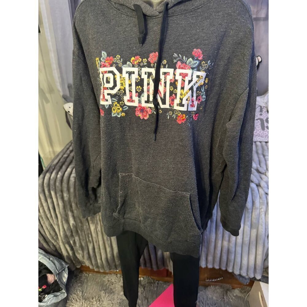 VS Pink set tracksuit- leggings & hoodie sweatshirt grey/black flower floral XL - Picture 4 of 6